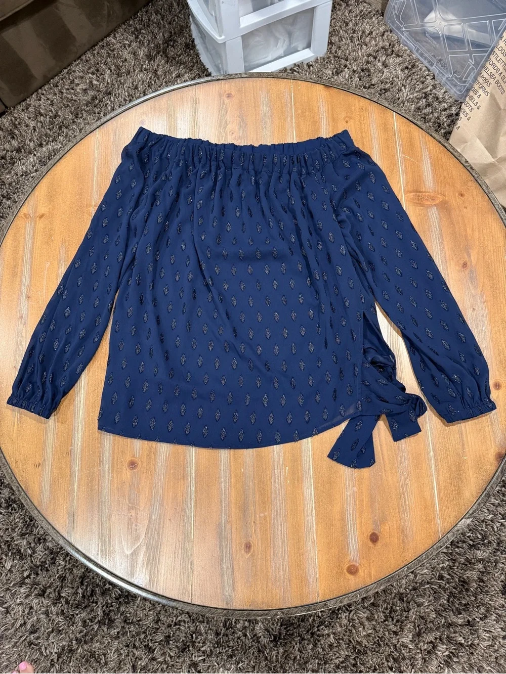 Michael Kors Off Shoulder Tie Waist Textured Navy Blue Blouse Women's S NWT
